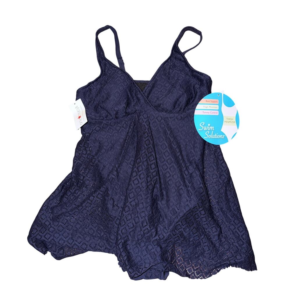 Swim Solutions Fly Away One Piece Swimsuit Women’s Size 12 Navy Blue Crochet New
